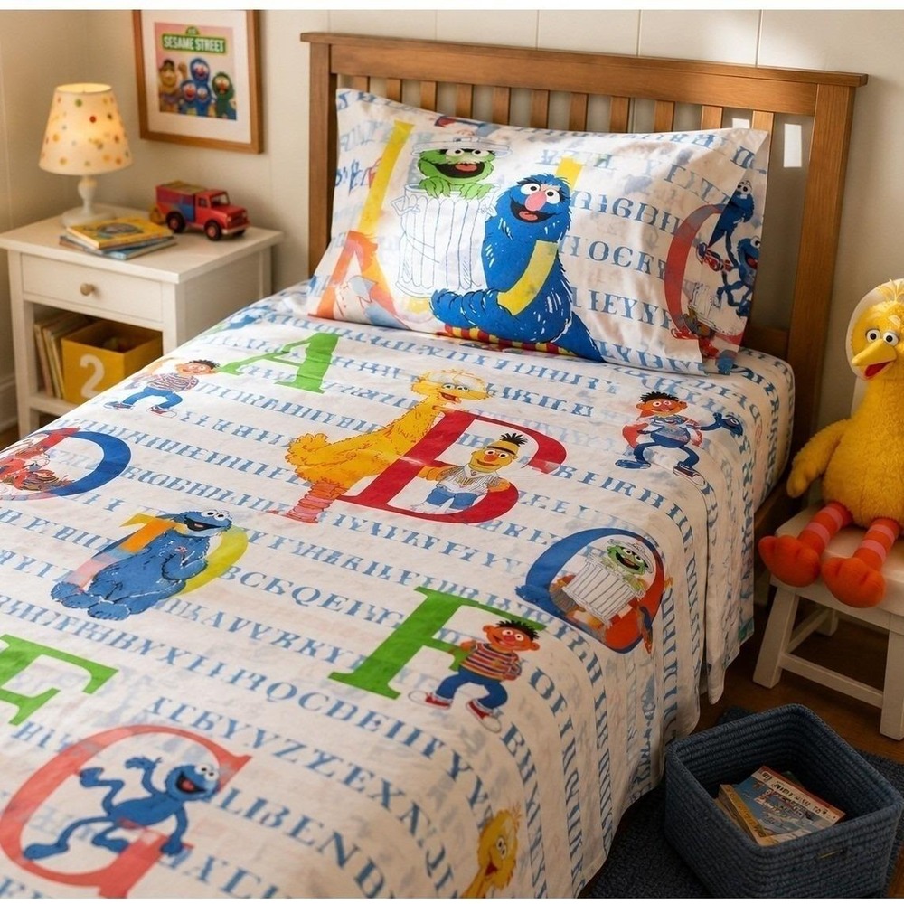 Vintage Sesame Street ABC Twin Sheet Set Flat Fitted Pillowcase Muppets